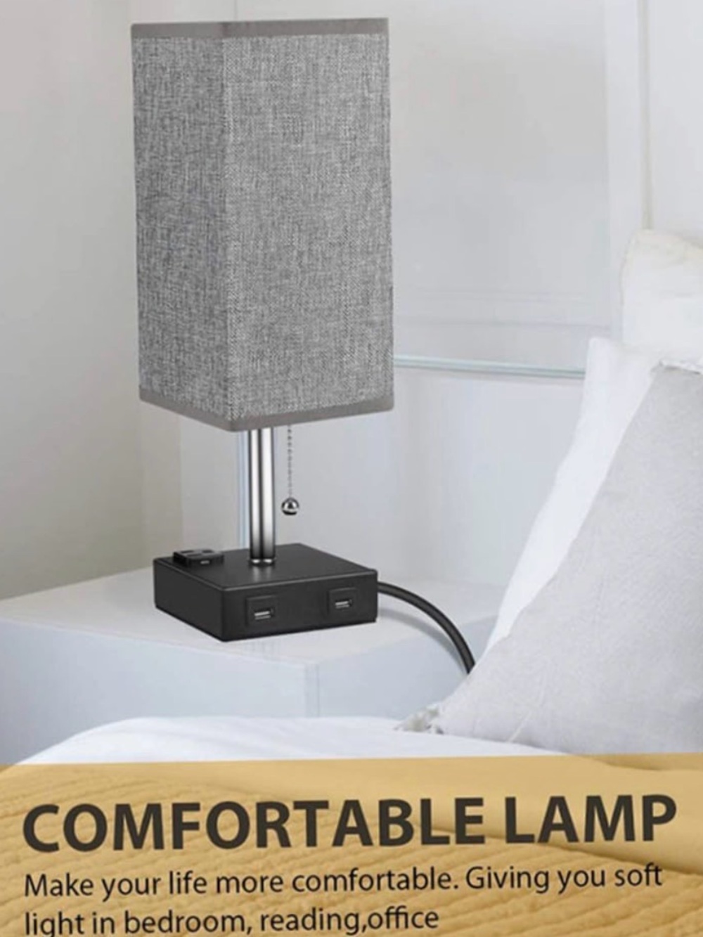LALAFINA E26 Base Linen Fabric Table Lamp with Dual USB Ports